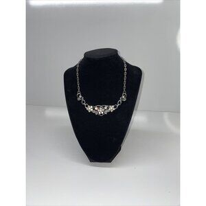 VTG Aurora Borealis Rhinestone Collar Necklace Silver Tone Floral Leaves Wedding